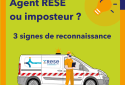 Un utilitaire et un salarié de la RESE accompagnés du texte suivant : Agent RESE ou imposteur ? 3 signes de reconnaissance