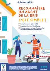 Illustration d'un salarié de la RESE devant son utilitaire logoté devant le domicile d'une abonnée qui l'accueille