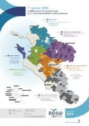 Carte de la Charente-Maritime présentant le réseau d'agences RESE à l'échelle du département et les communes sur lesquelles la RESE gère la distribution d'eau potable et l'assainissement collectif