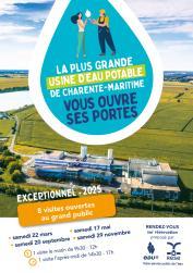 Flyer présentant une photographie aérienne de l'usine de production d'eau potable Lucien Grand avec les dates d'ouverture au grand public en visites guidées en 2025