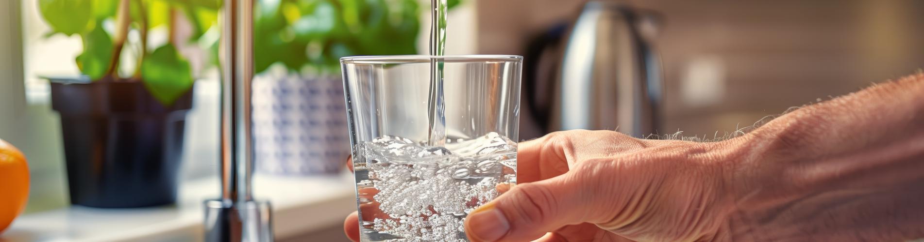 Photo montrant un verre en train d'être rempli au robinet d'un évier