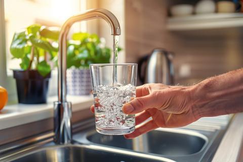 Photo montrant un verre en train d'être rempli au robinet d'un évier