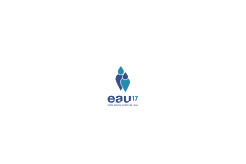Logo du syndicat Eau 17 prenant la forme des 2 personnages composés d'une petite goutte d'eau pour la tête et d'une grande goutte d'eau renversée pour le corps