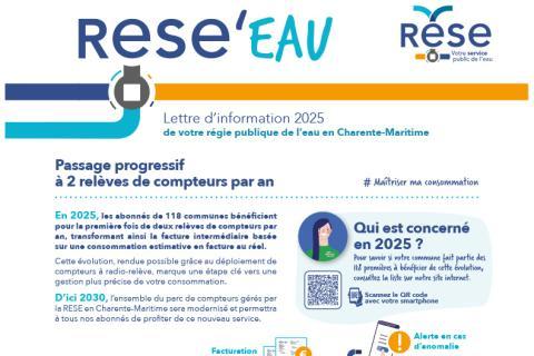 Première page de la lettre d'information des abonnés de la RESE de 2025. Elle présente un article sur la passage progressif à la double relève des compteurs
