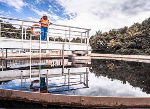 Une agente d'exploitation surveille le fonctionnement d'un des bassins de la station d'épuration de Gémozac.
